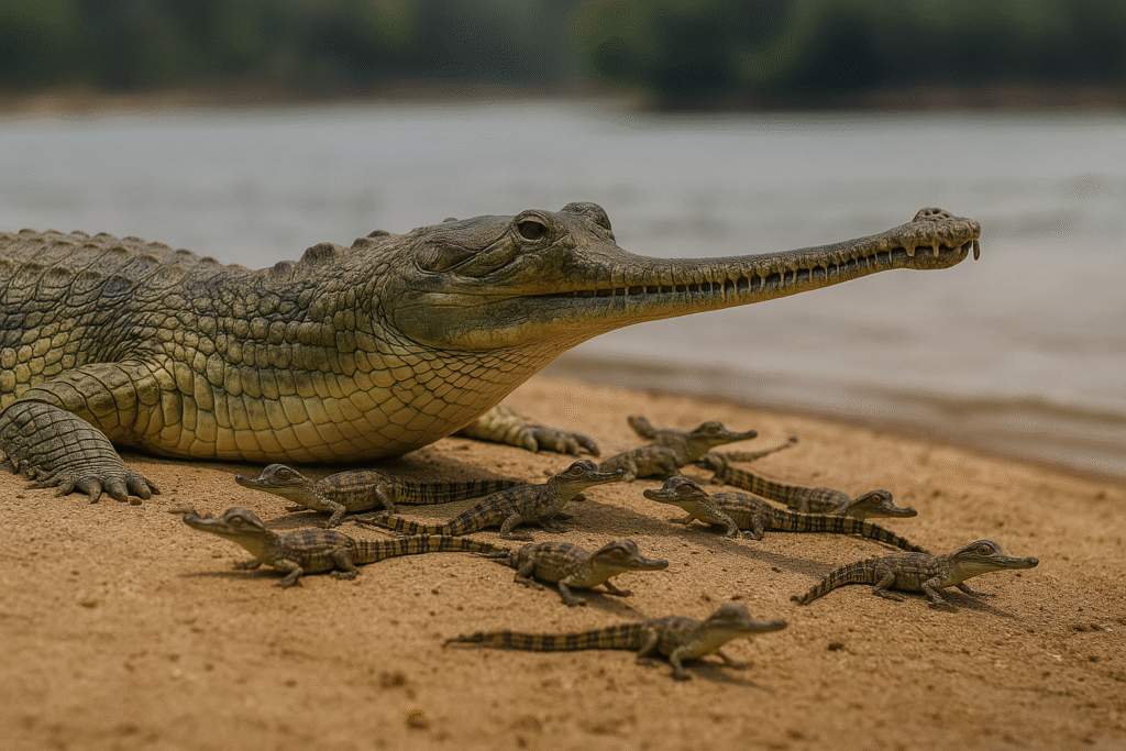 Gharial legacy of antiquity basking with hatchlings on a river sandbar