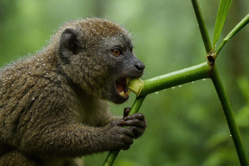 Greater bamboo lemur eating bamboo loaded with cyanide
